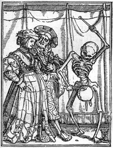 Le simulazioni della morte di Hans Holbein il Giovane (1497-1543): i mariti. La morte suona il tamburo davanti a una coppia. Incisione.