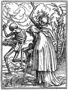 Le simulazioni della morte di Hans Holbein il Giovane (1497-1543): la vecchia. La morte accompagna una vecchia signora al suo destino. Incisione.