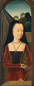 Giovane donna con un fiore rosa da Hans (attr.to) Memling
