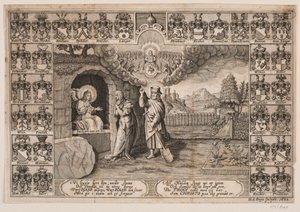Frontespizio per sermone funebre su Ida Langs con rappresentazione di Cristo come giardiniere e Maria Maddalena da Hans Andreas Greys