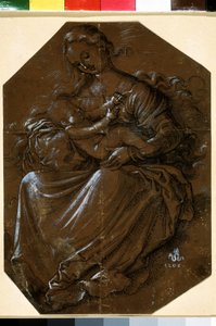 Vergine con bambino. Disegno a inchiostro e penna su carta marrone di Hans Baldung (1484-1545) XVI secolo Museo Puskin, Mosca