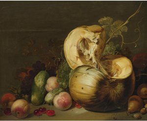 Natura morta con zucca, pesche, uva, ciliegie e altra frutta