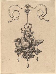 Progetto per un pendente con un mostro marino in una conchiglia che trasporta un tritone e una donna con una vela da Hans Collaert the Elder