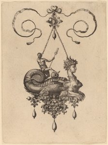 Progetto per un pendente con una sfinge con il corpo di un pesce che trasporta un uomo con un remo da Hans Collaert the Elder