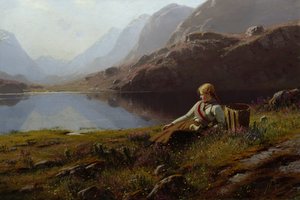 Ragazza che lavora a maglia vicino al lago di montagna da Hans Dahl