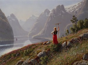 Ragazza con rastrello in paesaggio di fiordo