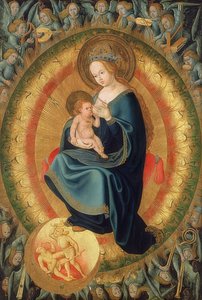 Maria che allatta il bambino in una gloria di angeli