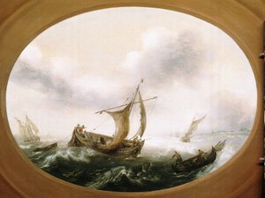 Barche da pesca olandesi catturate in una grande brezza, una barca più piccola, vele abbassate, a destra, con pescatori che tirano le reti da Hans Goderis