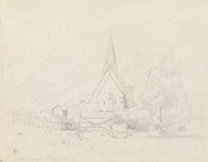Vossevangen con la chiesa di Voss da Hans Gude