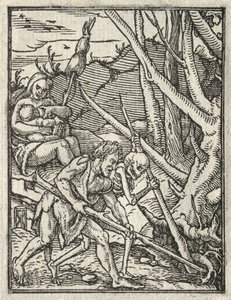 La danza della morte: Espulsione dal Paradiso; Adamo che coltiva la terra da Hans Holbein