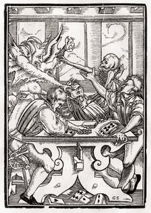 La morte e il diavolo vengono per il giocatore di carte, inciso da Georg Scharffenberg, da 