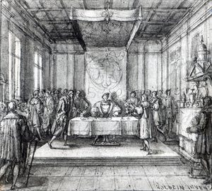 Enrico VIII nella sua camera privata (penna, inchiostro e lavaggio su carta) da Hans Holbein der Jüngere