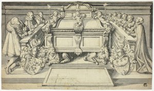 Progetto di epitaffio: Membri della famiglia inginocchiati davanti alla tomba da Hans Holbein the Younger