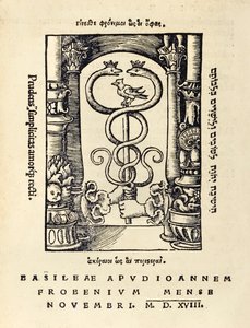 Marchio tipografico di Johann Frobens (c.1460-1527) che mostra due mani che tengono il caduceo dall