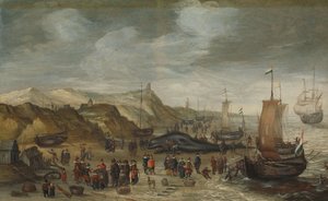 Un capodoglio arenato sulla spiaggia di Noordwijk, 28 dicembre 1614 da Hans I Savery