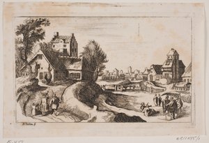 Villaggio. A sinistra una strada con una donna con un cesto sulla testa e un bambino al suo fianco da Hans Jørgen Kirksteen