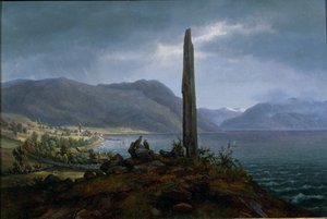 La pietra commemorativa di Frithjof a Leikanger vicino a Balestrand a Soon da Hans Leganger Reusch
