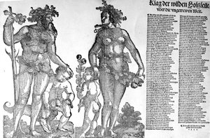 Manifesto sul ritiro degli uomini selvaggi dai boschi da un mondo che è cambiato in peggio, xilografia di Hans Guldenmundt, 1545
