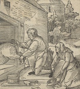 Un Contadino che Macella un Maiale, da Hymmelwagen auff dem, wer wol lebt..., 1517 da Hans Schäufelein the Elder