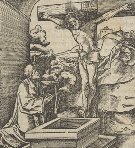 Un uomo che prega davanti a un crocifisso, da Hymmelwagen auff dem, wer wol lebt..., 1517 da Hans Schäufelein the Elder