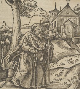 Un vecchio pellegrino che cammina verso destra, da Hymmelwagen auff dem, wer wol lebt... da Hans Schäufelein the Elder