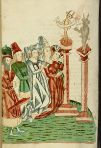 Un gruppo di uomini e donne adorano due idoli, 1469