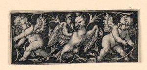 Fregio con due putti che fuggono da un