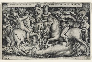 Ercole combatte contro i Troiani, 1545 (incisione su carta vergata) da Hans Sebald Beham