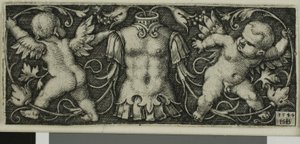 Ornamento con armatura e due geni, da Quattro Vignette da Hans Sebald Beham