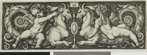 Ornamento con due geni che cavalcano bestie chimeriche