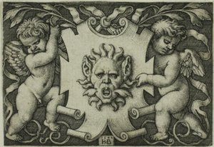 Ornamento con una Maschera Tenuta da Due Genii da Hans Sebald Beham