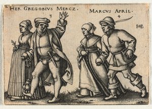 Il matrimonio contadino o i dodici mesi: 3-Her Gregorius Mercz 4-Marcus April da Hans Sebald Beham