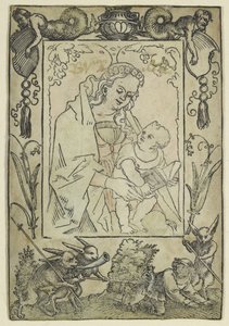 La Vergine e il Bambino circondati da un bordo con un cacciatore e alcuni conigli (xilografia, ritoccata in acquerello, stampata su pergamena)