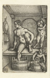Donna con due bambini in bagno da Hans Sebald Beham