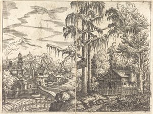 Paesaggio con vista di un cottage di un contadino e una città vicino a un fiume, 1551 da Hans Sebald Lautensack