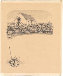 Illustrazione per St. St. Blicher: "Mowns". In primo piano: chiesa dietro un muro di pietra; in basso: tomba (?) con pala