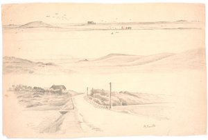 Foglio di studio con tre paesaggi dello Jutland. In alto: paesaggio con campo arato; al centro: paesaggio con alte colline; in basso: paesaggio con casa e strada
