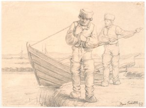Due pescatori di Limfjord che tirano una barca da Hans Smidth