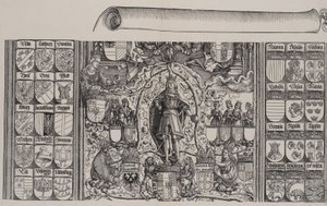 La parte superiore della genealogia di Massimiliano, con il bordo destro del rotolo da Hans Springinklee