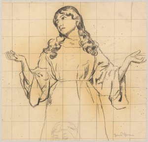 Ritratto di una giovane donna in abito ampio con le braccia alzate da Hans Thoma