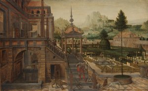 Giardini del palazzo con il povero Lazzaro in primo piano da Hans Vredeman de Vries