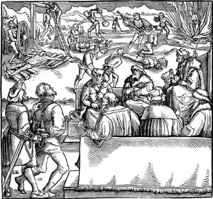 Sessione di corte. Illustrazione dal libro Phisicke Against Fortune di Petrarca, 1532 da Hans Weiditz the Younger