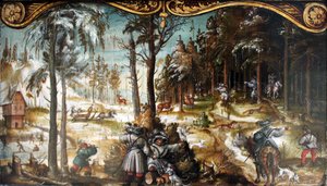 Tedesco: Due pannelli di una serie di immagini di vita di campagna: Caccia alla volpe e al cervo in inverno Caccia alla volpe e al cervo in inverno da Hans Wertinger