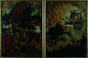 Storie degli altari di S.S Pietro e Paolo: dettaglio che mostra da sinistra a destra la crocifissione di San Pietro, San Paolo che ascende al cielo (dettaglio) da Hans von Klumbach