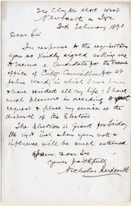 Lettera di Nicholas Hardcastle che accetta l