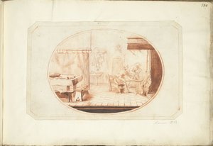 Interno di cucina con due donne e un gatto, in ovale