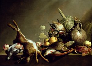 Natura morta con una brocca di terracotta e lepre