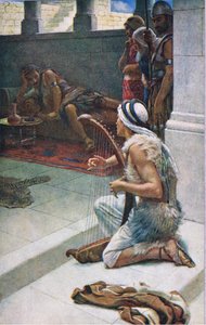 Davide suona davanti a Saul, illustrazione da Pictures That Teach The Crown Series da Harold Copping
