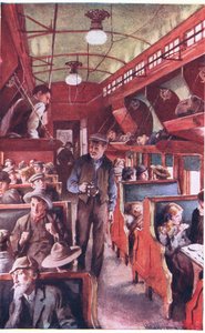 Interno di un treno di emigranti canadesi, 1900 circa (litografia a colori)