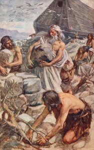 Vecchio Testamento: Noè costruisce il suo altare (litografia a colori) da Harold Copping